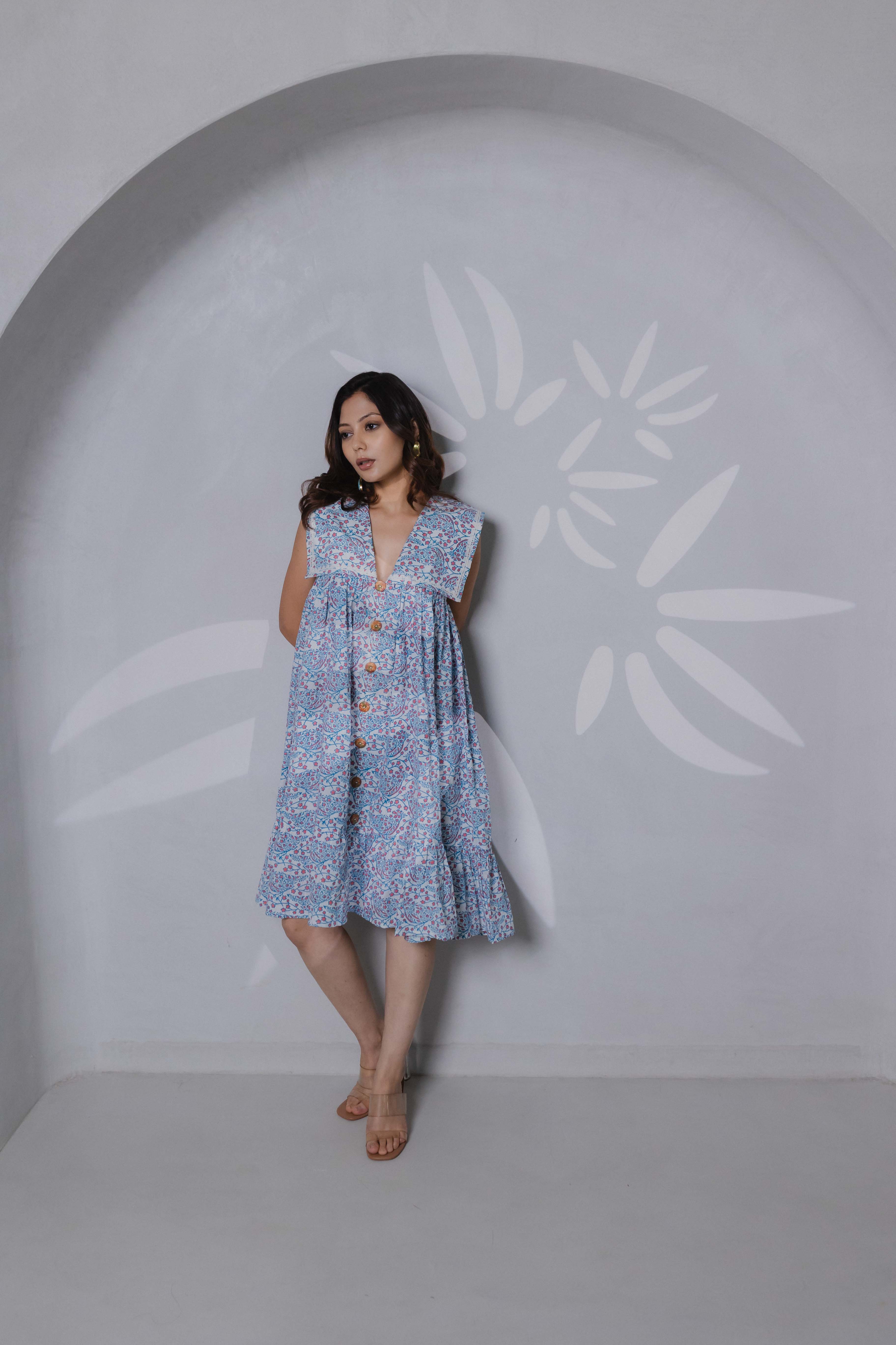 Blue cotton mini dress with sailor collar and wooden button detailing