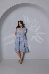 Blue cotton mini dress with sailor collar and wooden button detailing