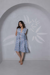 Blue cotton mini dress with sailor collar and wooden button detailing