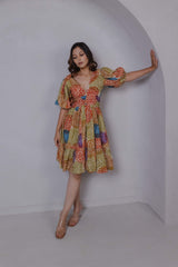 Rainbow Bloom V-Neck Mini Dress