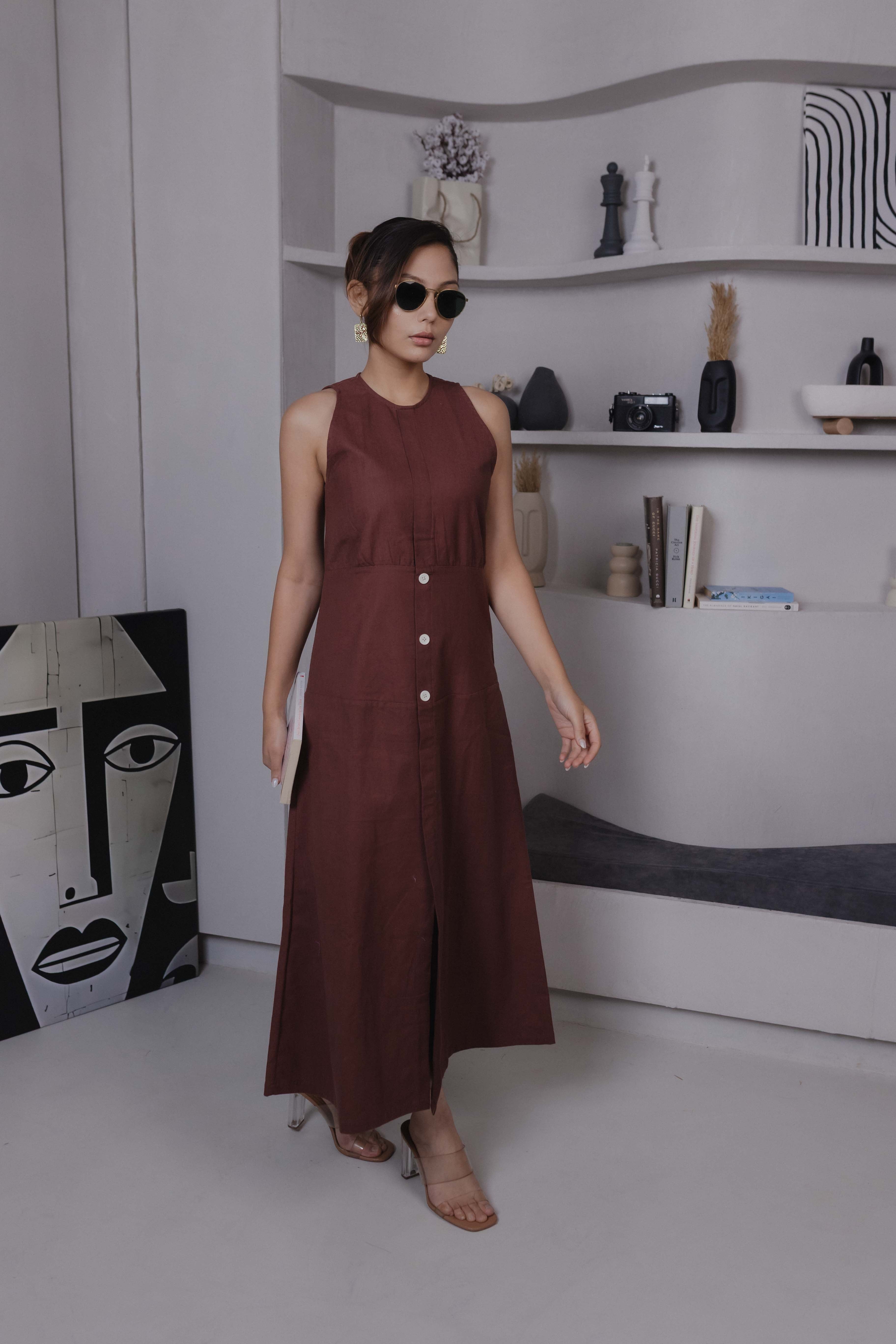 Brown khadi cotton midi dress with sleeveless cut and princess panel detailing