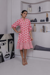 Pink floral block print mini dress with mandarin collar and frill hem
