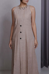 Beige Middle Button Midi Dress