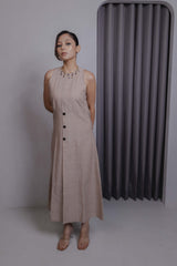 Beige Middle Button Midi Dress