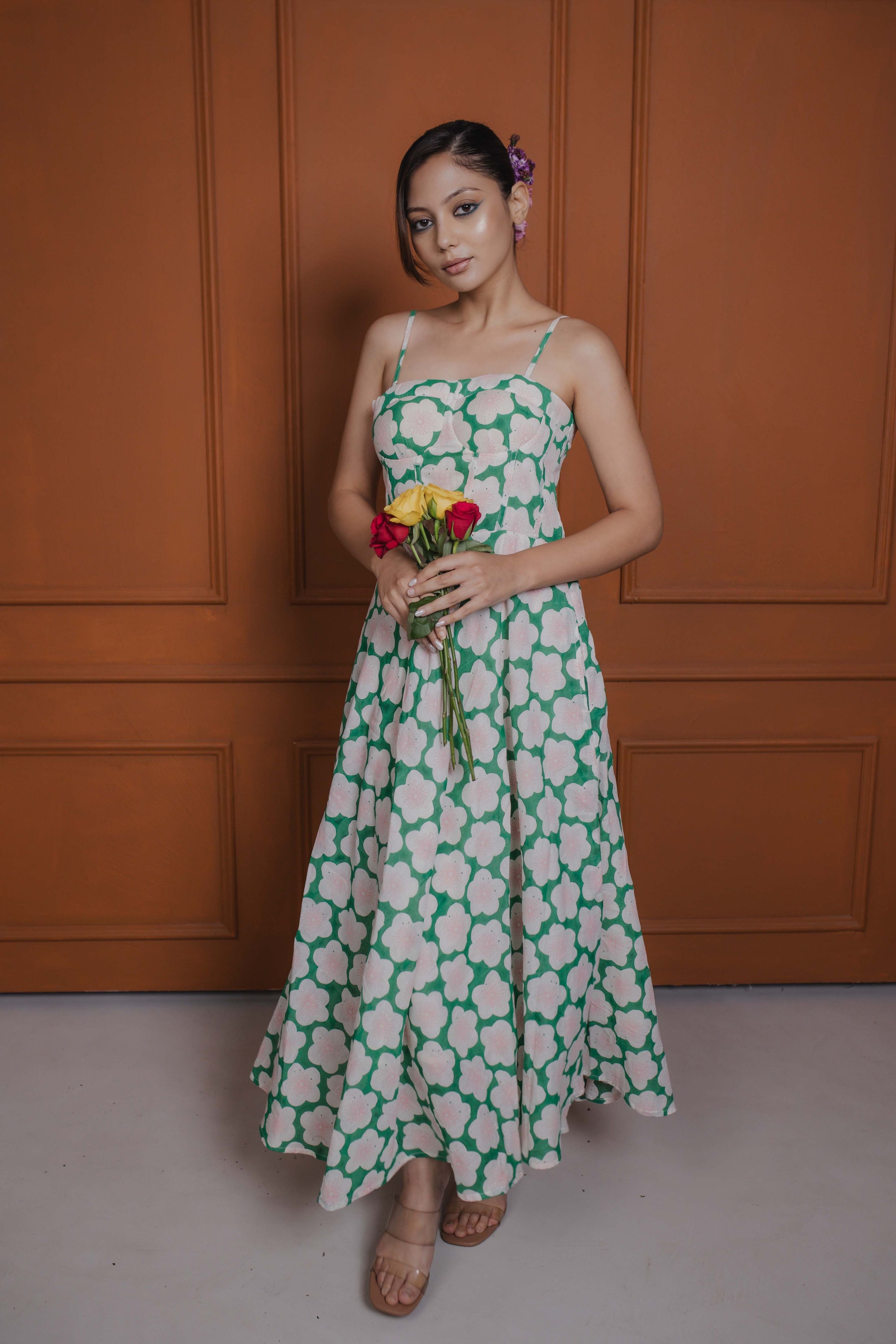 Green cotton silk midi dress with floral print and corset-style front bodice