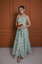 Green cotton silk midi dress with floral print and corset-style front bodice