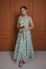 Green cotton silk midi dress with floral print and corset-style front bodice