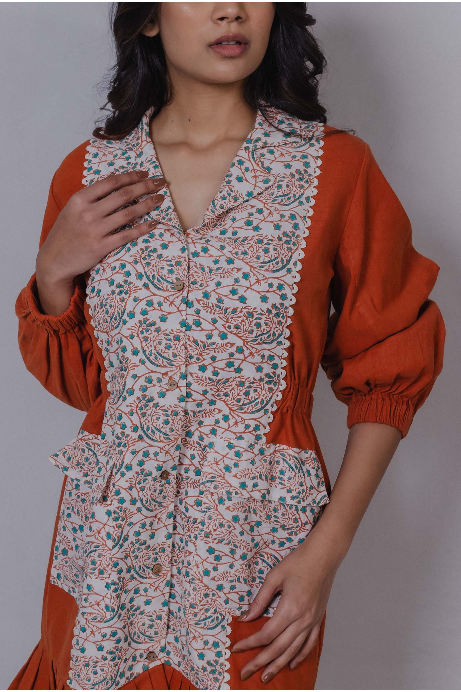 Rust Floral Collar Shirt Dress
