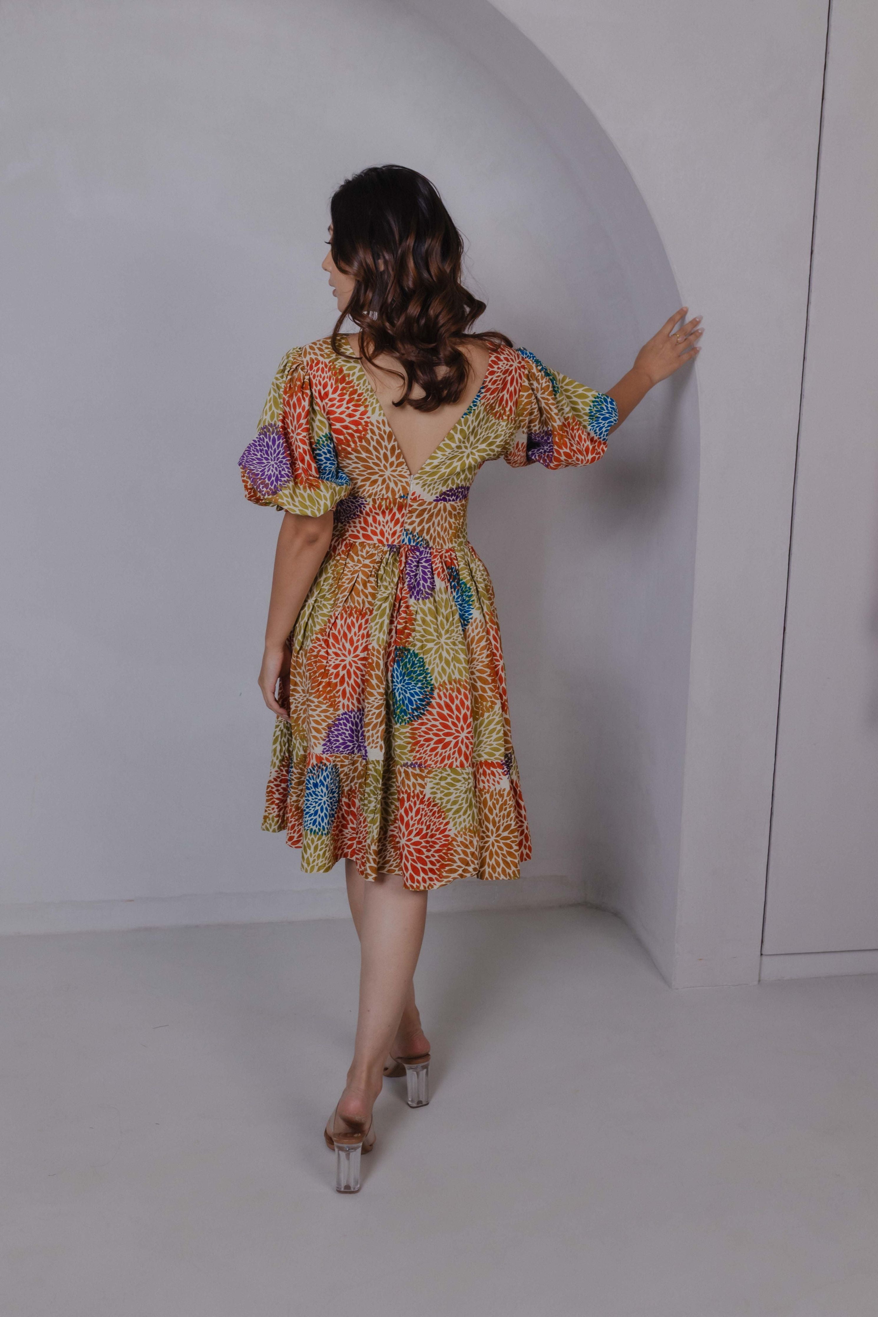 Rainbow Bloom V-Neck Mini Dress