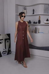Brown khadi cotton midi dress with sleeveless cut and princess panel detailing
