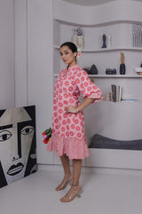 Side view of cotton silk mini dress with light flare and high neck detail

